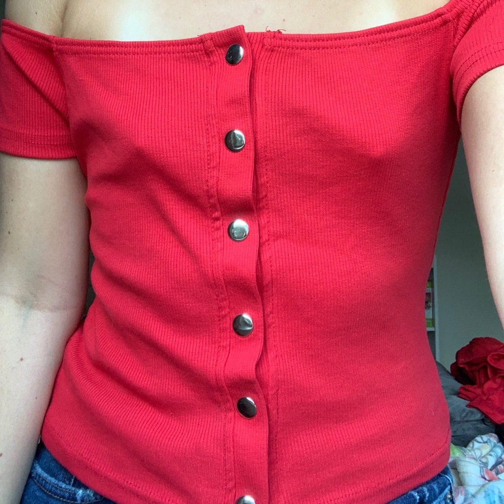 off the shoulder button up top